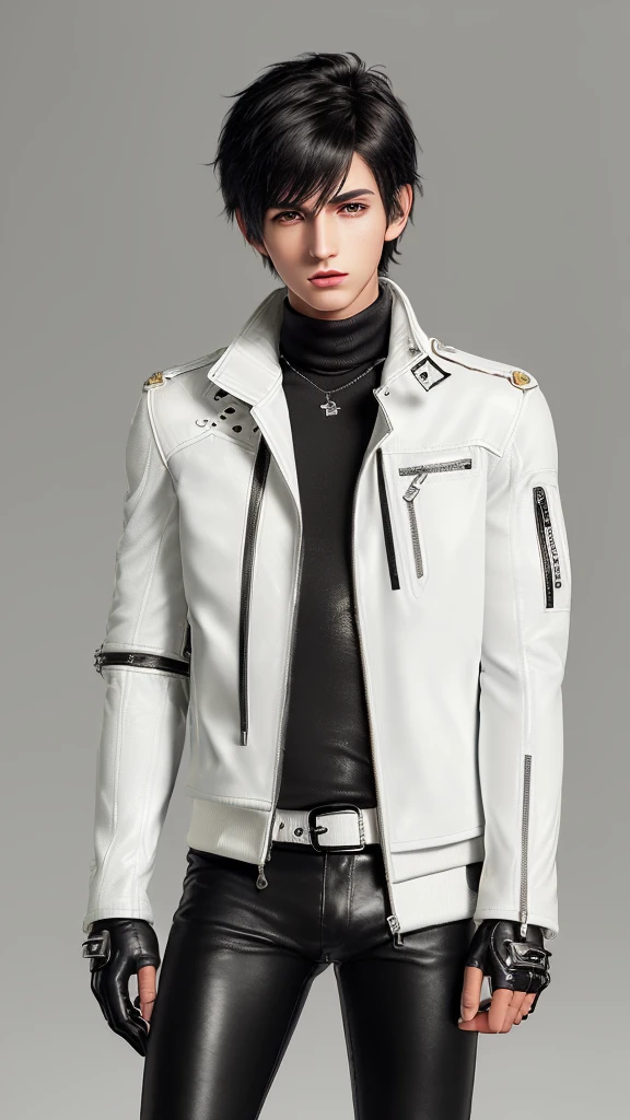 Final fantasy taste and reality graphics, ((Japanese young cute and cool ikemen boy)), his age is early 20s, thin eyebrows and beady eyes, ((he wearing off white color leather thick and heavy material jacket)), ((jacket is singlebrest)), ((biker style jacket)), ((jacket is large size)),((with epaulet)), ((jacket is long sleeve)), ((zipped front of the leather jacket)), , ((voluminous leather jacket)), ,((must jacket is high length and stand-up collar)) ((jacket collar with two belts)), ((jacket is a little black color line pattern)), ((also wearing black thick material turtleneck lackluster shirts)), ((tight black leather pants)), ((put black leather tight and thin glove on both hands)), ((black leather knee-high raceup boots)),((must views head-to-toe)),((must views whole body)), ,((Do not show skin from the neck down)),leather jacket leather glove and leather pants have few wrinkles, Avoid showing your innerwear,zip up jacket fastner.must put on a leather glove.
Boy is black hair.boy looks like fashion model.