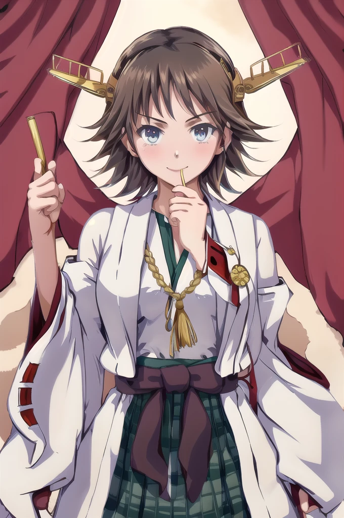 Highest quality, masterpiece, High resolution, alone, (Hiei Kai-2_Fleet Collection:1.15), オレンジ色hair, hairband, headgear, Non-traditional_Shrine maiden, smile, green_eye, Inverted up_hair, smile, One Girl, dependent_sleeve, green_skirt, Plaid, Plaid_skirt, ribbon-trimmed_sleeve, ribbon_trim, skirt, (indoor, office, living room), 