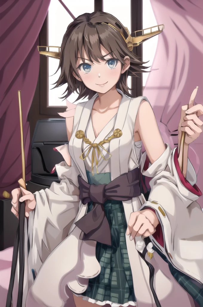 Highest quality, masterpiece, High resolution, alone, (Hiei Kai-2_Fleet Collection:1.15), オレンジ色hair, hairband, headgear, Non-traditional_Shrine maiden, smile, green_eye, Inverted up_hair, smile, One Girl, dependent_sleeve, green_skirt, Plaid, Plaid_skirt, ribbon-trimmed_sleeve, ribbon_trim, skirt, (indoor, office, living room), 