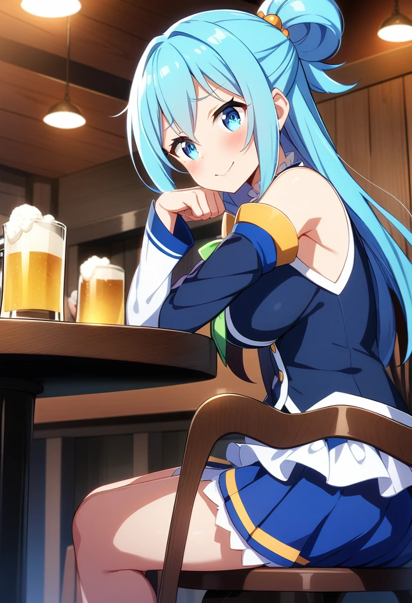 score_9, score_8_up, score_7_up,BREAK,source_anime.(best quality,masterpiece,aesthetic,very aesthetic),,(anime style),mid,highly detailed, ,medium shot, 1girl, aqua \(konosuba\), kono subarashii sekai ni shukufuku wo!, ,sitting,,holding beer, bar,table,chair,