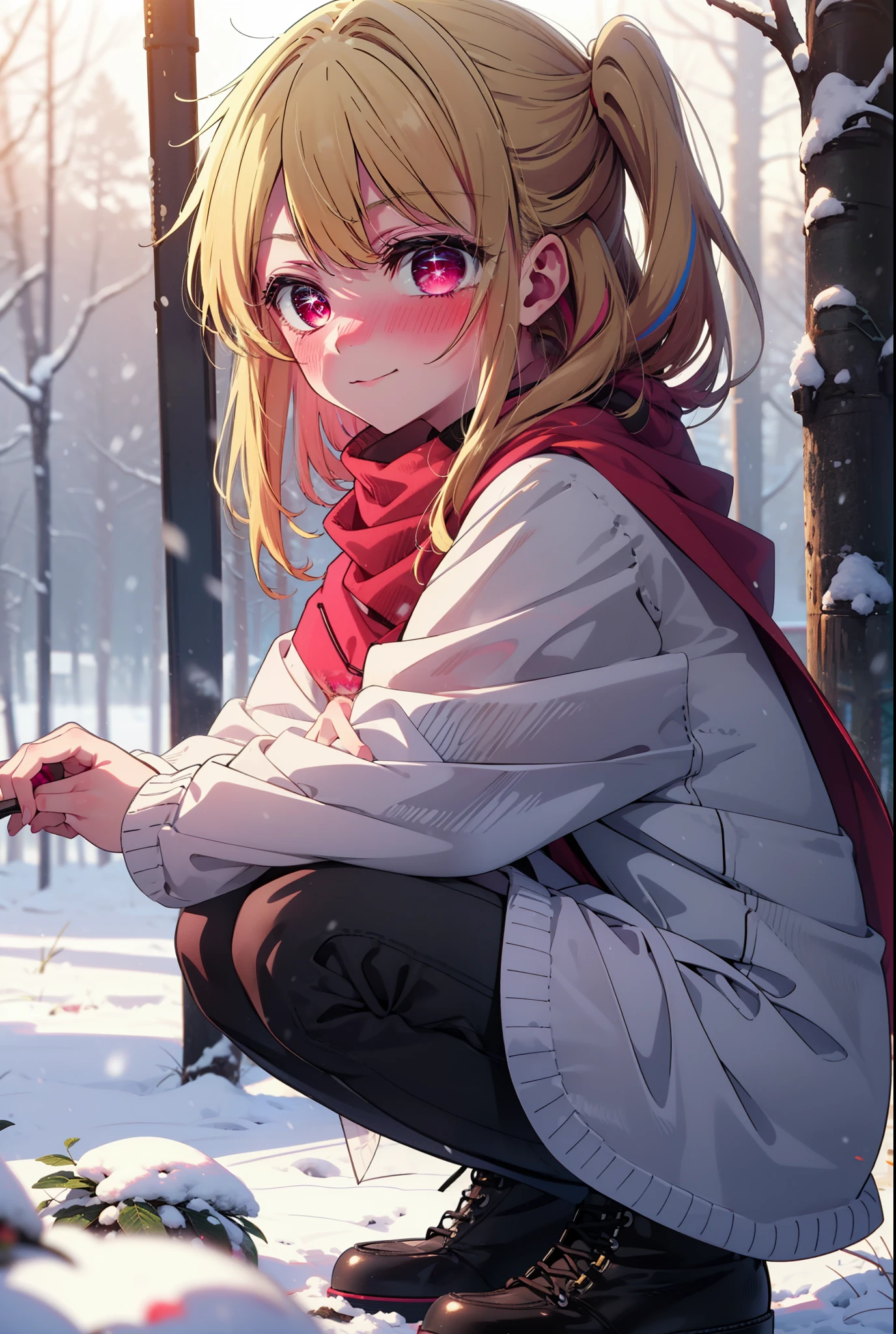 rubyhoshino, Hoshino Ruby, Long Hair, bangs, blonde, (Pink Eyes:1.3), Side Lock, (Symbol-shaped pupil:1.5), Multicolored Hair, Two-tone hair, smile,,smile,blush,white breath,
Open your mouth,snow,Ground bonfire, Outdoor, boots, snowing, From the side, wood, suitcase, Cape, Blurred, , forest, White handbag, nature, Squat, Mouth closed, Cape, winter, Written boundary depth, Black shoes, red Cape break looking at viewer, Upper Body, whole body, break Outdoor, forest, nature, break (masterpiece:1.2), Highest quality, High resolution, unity 8k wallpaper, (shape:0.8), (Beautiful and beautiful eyes:1.6), Highly detailed face, Perfect lighting, Extremely detailed CG, (Perfect hands, Perfect Anatomy),