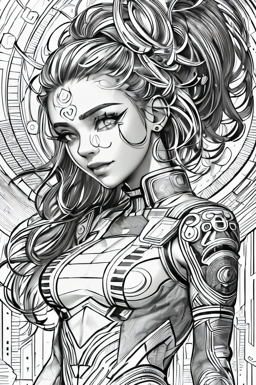 (Black and white coloring book:1.5), masterpiece, Highest quality, (Detailed Background), High Contrast, Highly detailed face, ((Eyes are clearly defined)), smile, Hair is white, whole body, Skinny, Futuristic and edgy design、Cyberpunk dress with technology, Line drawings without color or shading, Beautiful line drawing, The outline is a thick line,