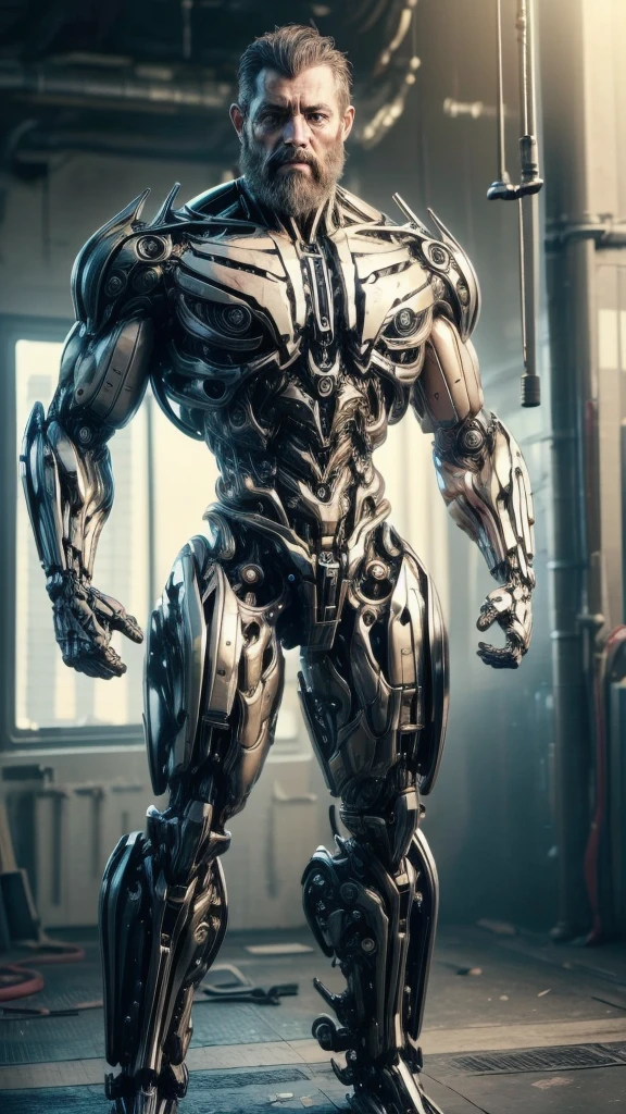 Breathtaking full body photo, full body, broken, (hacked arm: 1.4), front viewer, (Looking at viewer: 1.4), dynamic pose, reelmech, (mechanical parts: 1.5), missing parts, dirty, oil leak, (damaged: 1.3), 45 year old man with large full beard, athletic skin face, damaged skin eye socket, damaged skin cheek, work of art, award winning, professional, highly detailed