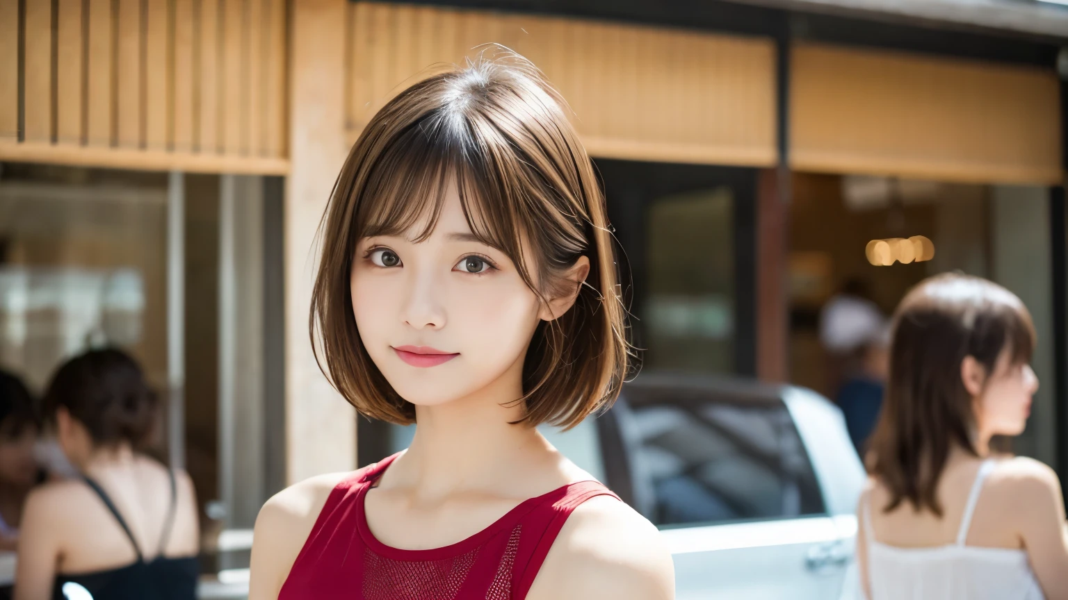 super high quality, short hair, thin, Gravure photo session, The staff is working at the counter in the back.., (8k、RAW Photos、Highest quality、masterpiece:1.2), Japanese Idols, Sportswear, Stylish cafe, (Realistic、Realistic:1.37), Mesh Hair, Normal chest, Urban Cafe, Golden Ratio, RAW Photos, Cute Face , Light brown hair, Bright cafe interior, Blurred Background, Summer clothes, Sweet expression, Observe the audience, Beautiful hairstyle, 20-year-old, Hair blowing in the wind, Dress neatly,