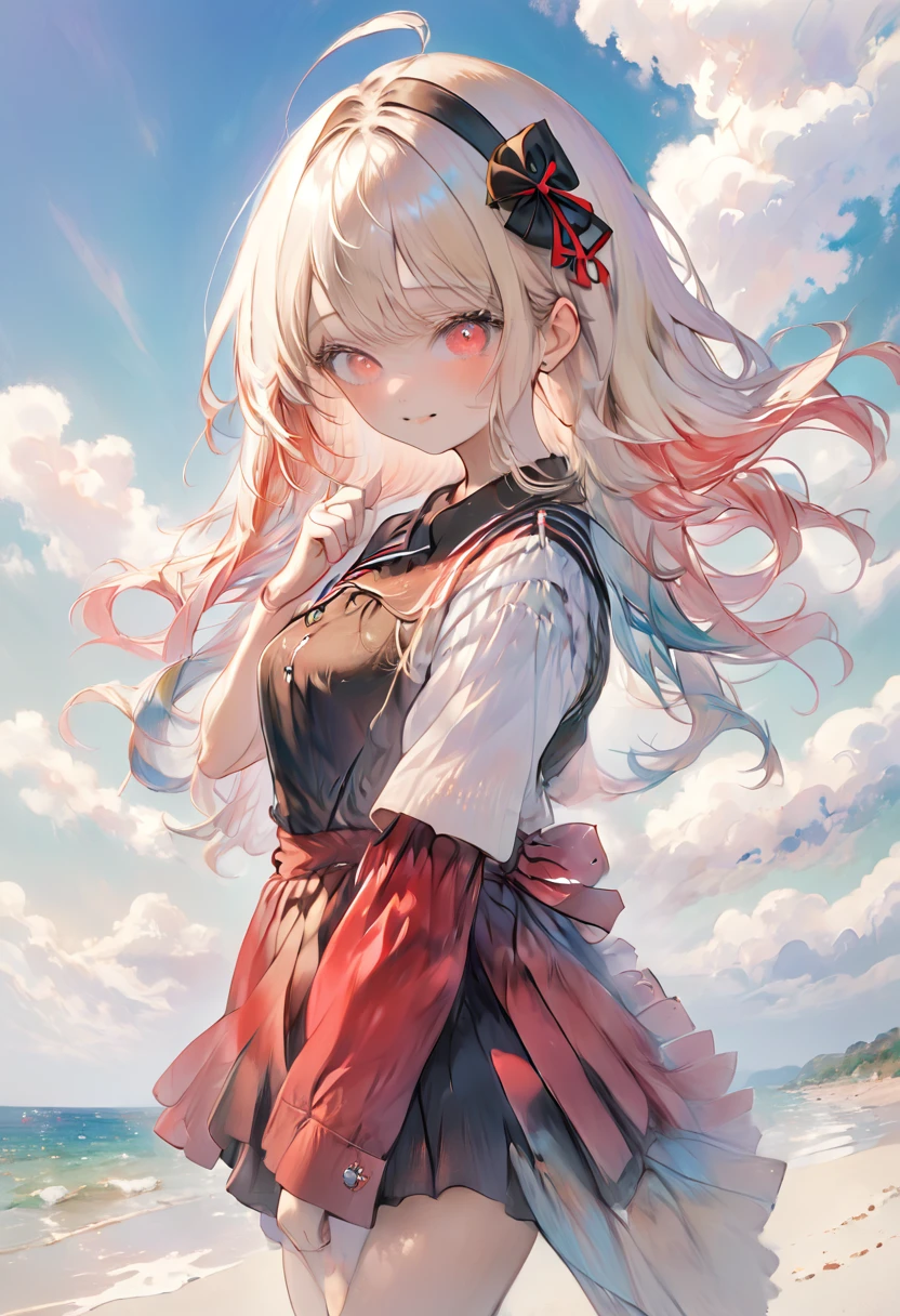 masterpiece, best quality, ultra-detailed, illustration, close-up, straight on, face focus, 1girl, ijichi_nijika, solo, blonde_hair, shirt, white_shirt, red_eyes, side_ponytail, bow, collared_shirt, red_bow, smile, bangs, outdoors, upper_body, sidelocks, closed_mouth, bowtie, short_sleeves, looking_at_viewer, long_hair, sky, hand_on_own_chin, blush, red_bowtie, ahoge, school_uniform, day, ocean, blue_sky, beach, cloud