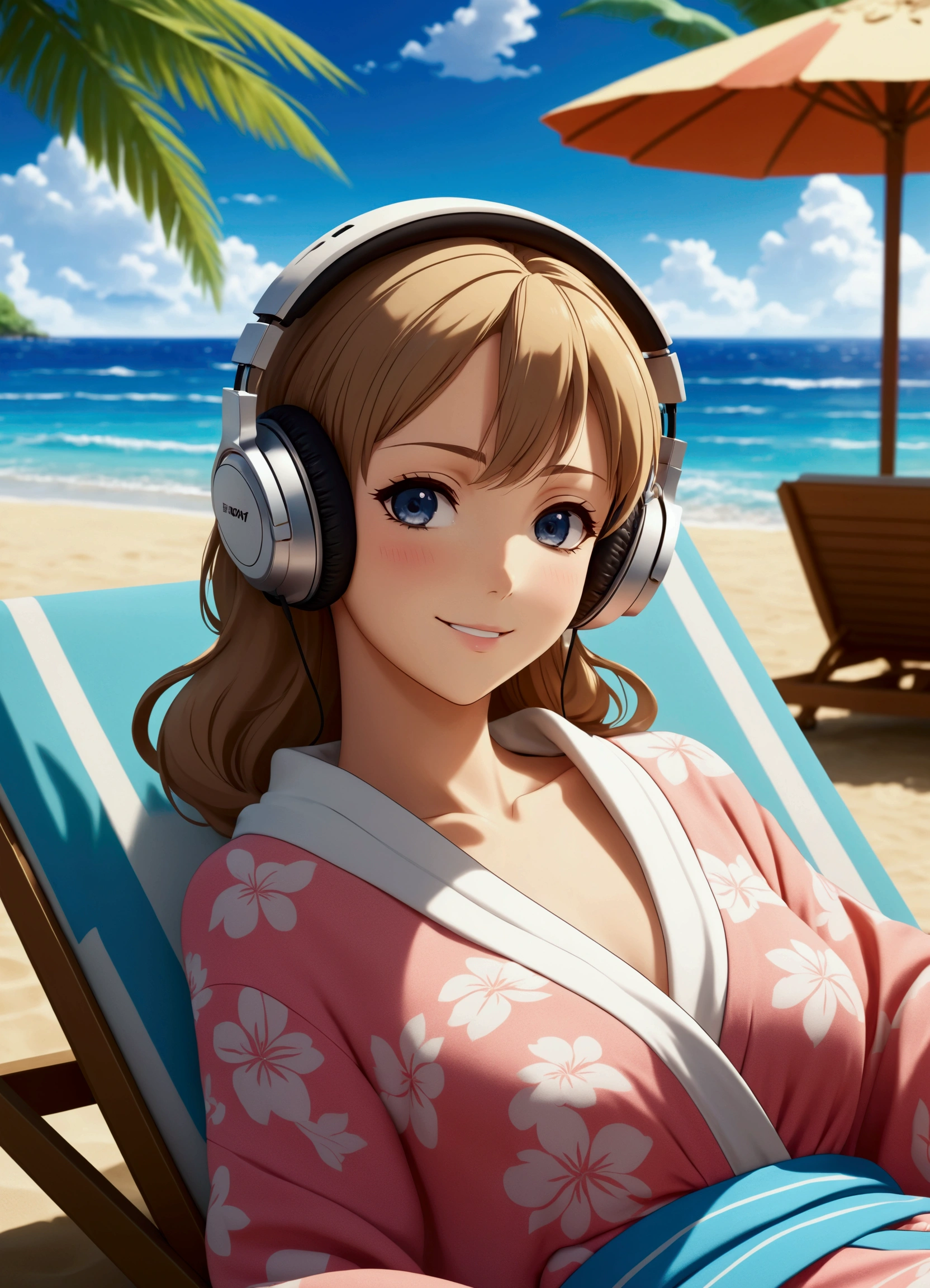 128k Bluray Extreme UHD 4K high quality image of anime At a beautiful summer resort, a woman is reclining on a sunbed. She is wearing headphones and listening to music, dressed in a Beach robes cardigan. She looks at me with a radiant smile