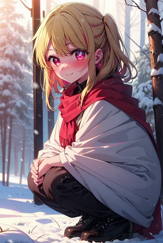 rubyhoshino, Hoshino Ruby, Long Hair, bangs, blonde, (Pink Eyes:1.3), Side Lock, (Symbol-shaped pupil:1.5), Multicolored Hair, Two-tone hair, smile,,smile,blush,white breath,
Open your mouth,snow,Ground bonfire, Outdoor, boots, snowing, From the side, wood, suitcase, Cape, Blurred, , forest, White handbag, nature, Squat, Mouth closed, Cape, winter, Written boundary depth, Black shoes, red Cape break looking at viewer, Upper Body, whole body, break Outdoor, forest, nature, break (masterpiece:1.2), Highest quality, High resolution, unity 8k wallpaper, (shape:0.8), (Beautiful and beautiful eyes:1.6), Highly detailed face, Perfect lighting, Extremely detailed CG, (Perfect hands, Perfect Anatomy),