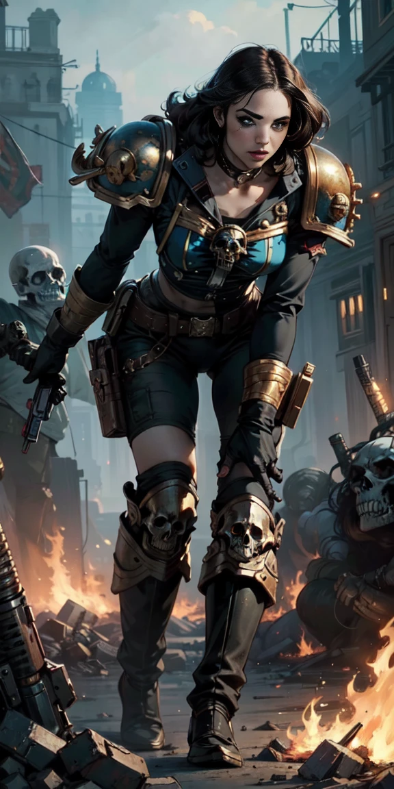 (masterpiece:1.2), (Best Quality:1.2), Perfect eyes, perfect face, perfect lighting, 1 girl, Sororitas mature whore with bolt pistol in hands, scar over one eye, eye patch, by white, skulls on the ground, Warhammer 40K, chaos, fire, Science fiction, Detailed battlefield background