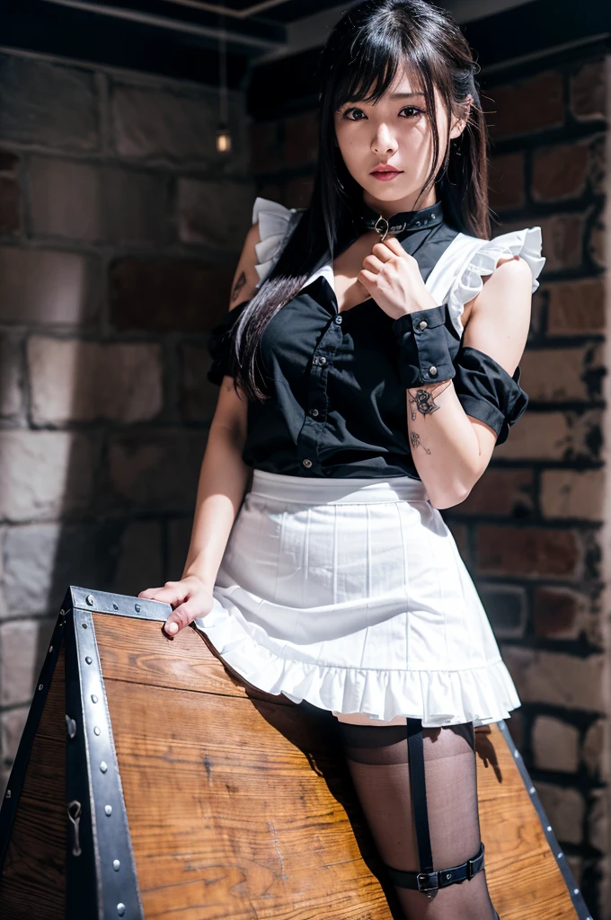 Browsing Caution,(最high quality:1.2), 32k HDR, High resolution,(Japanese women),(tattooで覆われた腕),(全身をA body covered in tattoos), (A body covered in tattoos),Dynamic pose,Long shot of a beautiful dark-haired girl, torture, A room in a love hotel,(Short tight skirt:1.3,Checked Skirt), (Put on a shirt:1.3), Beautifully illuminated, basement , Dramatic composition, Epic Scale, sense of awe, 超High resolution.Realistic:.1.4, (High resolutionの肌:1.2), 8k is, Digital single-lens reflex camera, high quality, Film Grain, Fujifilm XT3,(Riding a wooden horse:1.2,Straddling a wooden horse:1.2),(Nose hook:1.2),(ロープで体をconstrainedする:1.2),(Collar can be attached with a chain:1.4),(両手は天井にrockでつながれている:1.4),Maid, Maid headdress, Maid apron, victorian Maid, Maid dress,, mksks style, Beautiful background, Detailed Background, professional lightning, building, indoor, From Kane ornament, From Kane, From Kane effects,Tied up with rope,bondage,constrained,Round 1,rock,Full Body Tattoo,tattoo,((リード付きのRound 1)),(rockに繋がれた少女),Women in ecstasy,climax,Acme,