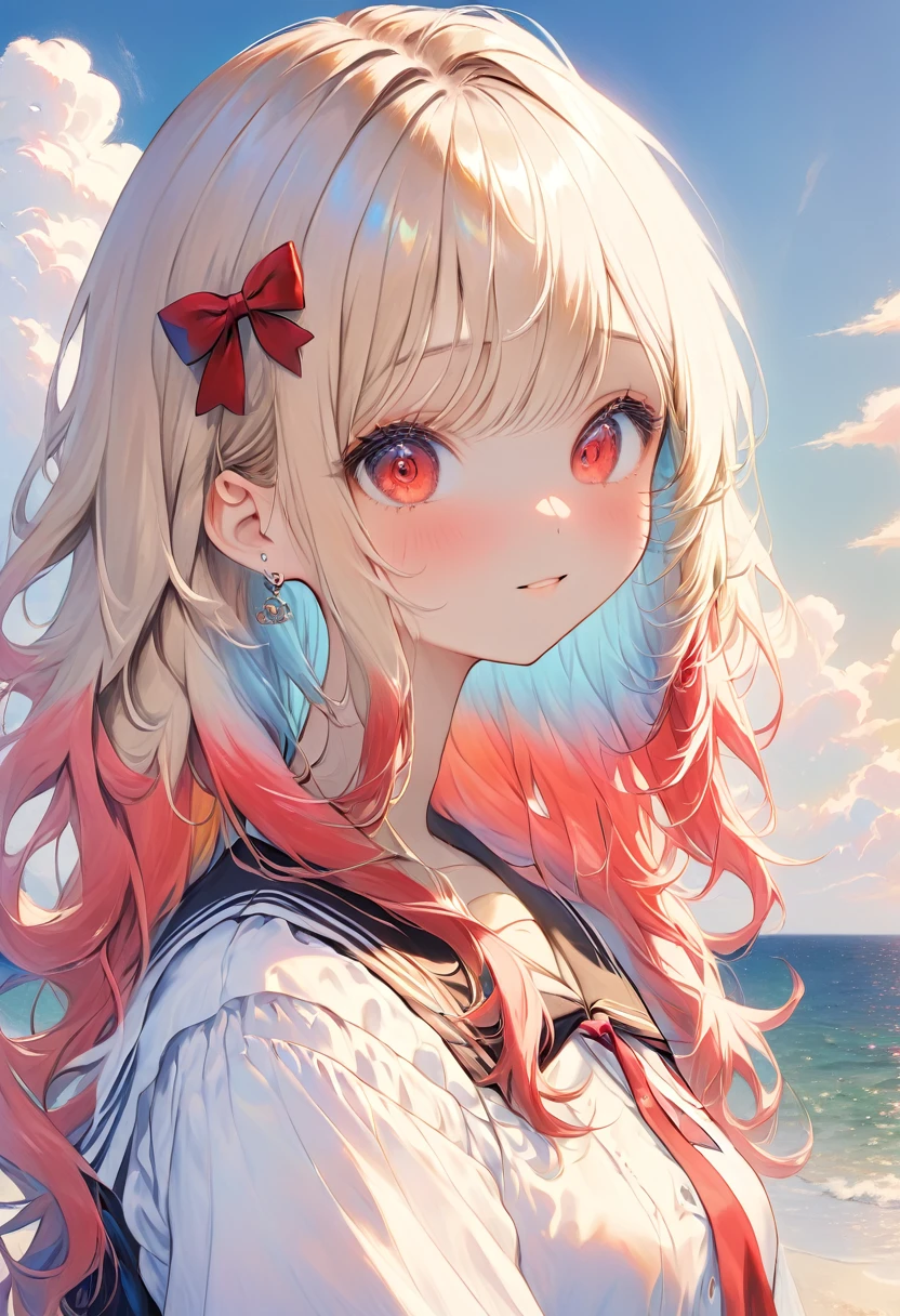 masterpiece, best quality, ultra-detailed, illustration, close-up, straight on, face focus, 1girl, ijichi_nijika, solo, blonde_hair, shirt, white_shirt, red_eyes, side_ponytail, bow, collared_shirt, red_bow, smile, bangs, outdoors, upper_body, sidelocks, closed_mouth, bowtie, short_sleeves, looking_at_viewer, long_hair, sky, hand_on_own_chin, blush, red_bowtie, ahoge, school_uniform, day, ocean, blue_sky, beach, cloud