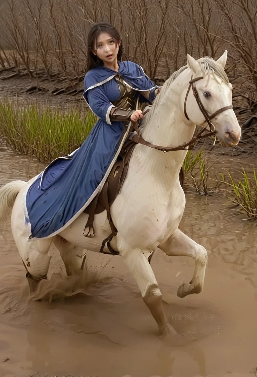 beautiful woman and horse,Anatomically correct構図,stuck in mud,(((masterpiece))),(((Highest quality))),((Tabletop:1.4, Highest quality)), (Realな写真:1.4), in the muddy ,dirty swamp,black hair and white horse ridden by girl meet with an accident that it fall over sticky swamp,
((1 cute girl knight)),rodeo,horse standing,Surprised face,stumble,aggressive,slouch,horse standing, prancing horse in pitfall,cute,Napoléon horse sliped in pitfall,in the pitfall,Uplifting,Knight Princess,
(超High resolution:1.2),, wonderful, Very detailed CG Unity 8k wallpaper, Very detailed, High resolution,fat horse ridden by japanese girl,Double,Royal blue armor and short cloak,Soaking in the swamp,Mud Splash,
Soft Light, Beautiful detailed girl, Droopy eyes,Very detailedな目と顔, Beautiful and exquisite nose, Beautiful and exquisite, horse ridden by a girl can't stand up because its drowned in the sticky muddy pitfall:10.0 ,Displeased face:4.0,Real,Stir,Anatomically correct,action horse riding scene while struggle fighting