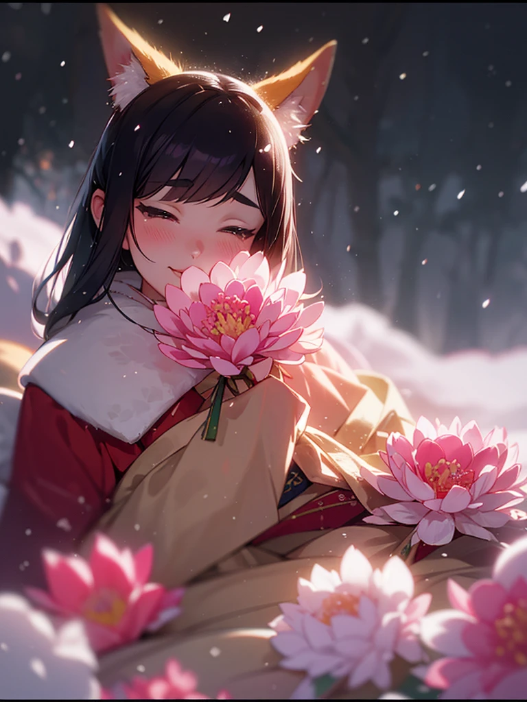 (Sumilux f1.4 50mm , low Latitude old color negative film , cross process , bokeh, flare, chromatic aberration , soft focus, (Shallow focus) , soft glow , Maximum aperture, High Key , Transparent depiction) , kawaii hentai , Japanese Heian period , Royal girl, fox ear , (round Maro eyebrows) , kimono, sitting , (Peony flowers blooming:0.8) , closeup face , Snow is falling , steamy breath