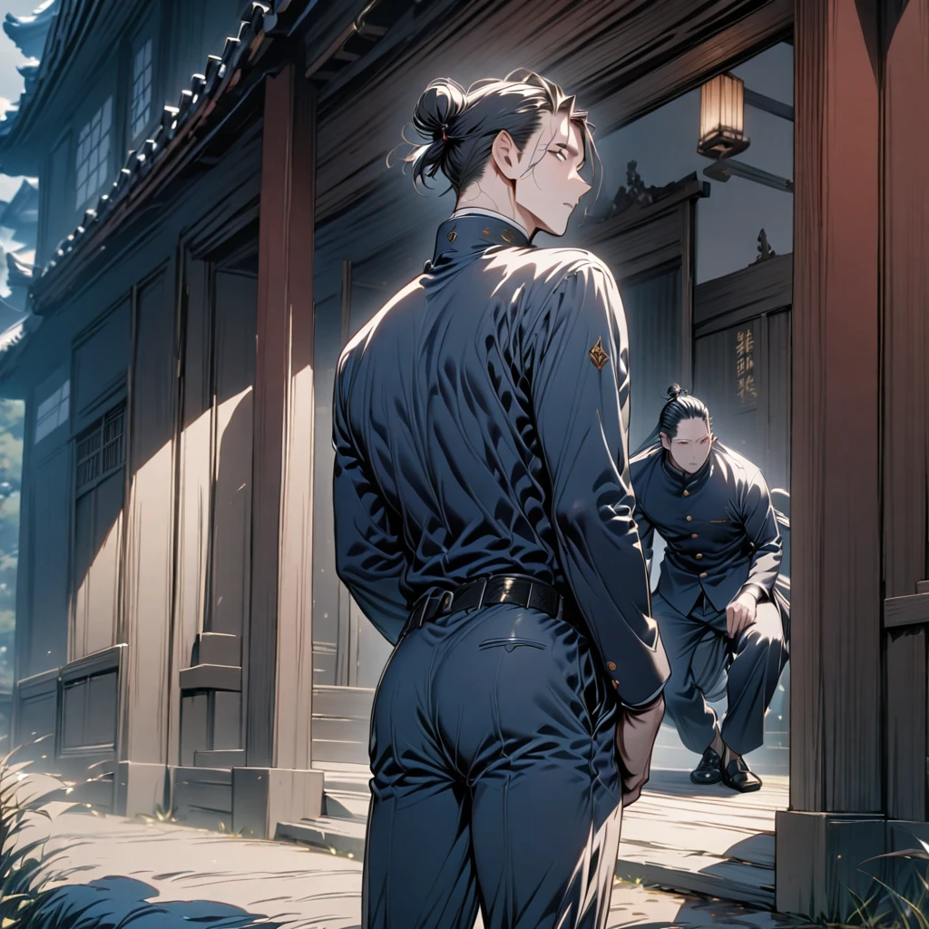 (masterpiece, best quality), intricate details, 1boy, man, black hair, , geto, suguru geto \(jujutsu kaisen\), long black hair partially tied up in a man bun while the rest drapes down his back, black eyes, dark blue gakuran jacket, matching pants, male focus, side buttoned jacket, polo neck jacket, slacked pants, , black loafers, japanese castle background, horror scene, upper body, full body shot, no other people