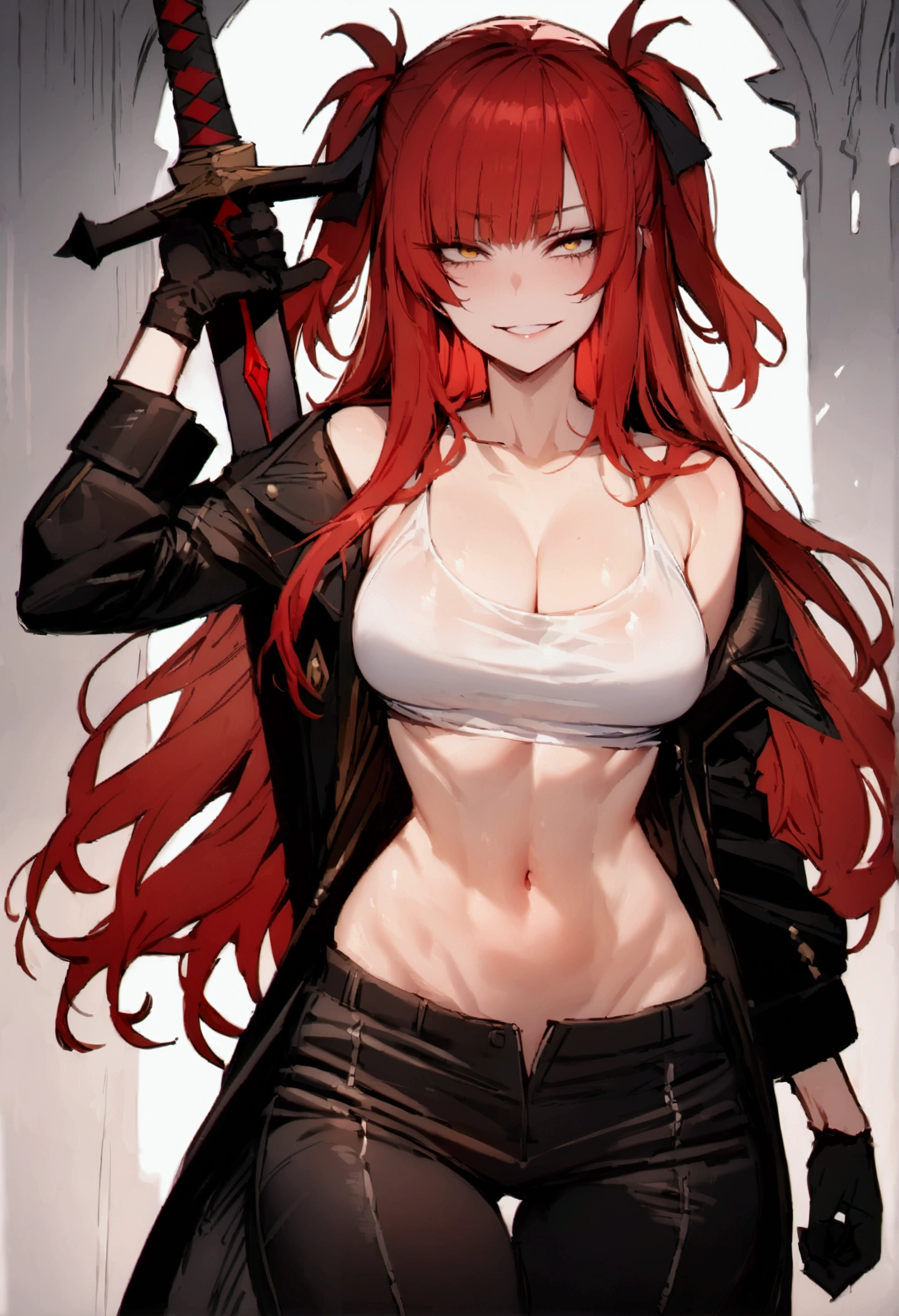 masterpiece, best quality 1girl, solo, beautiful woman, messy bangs, red hair, long hair, hair two side up by black bows , yellow eyes, grin, large breasts, toned stomach, white tank top, black coat, figureless black gloves, pants, sheathed sword, fantasy  looking at viewer.