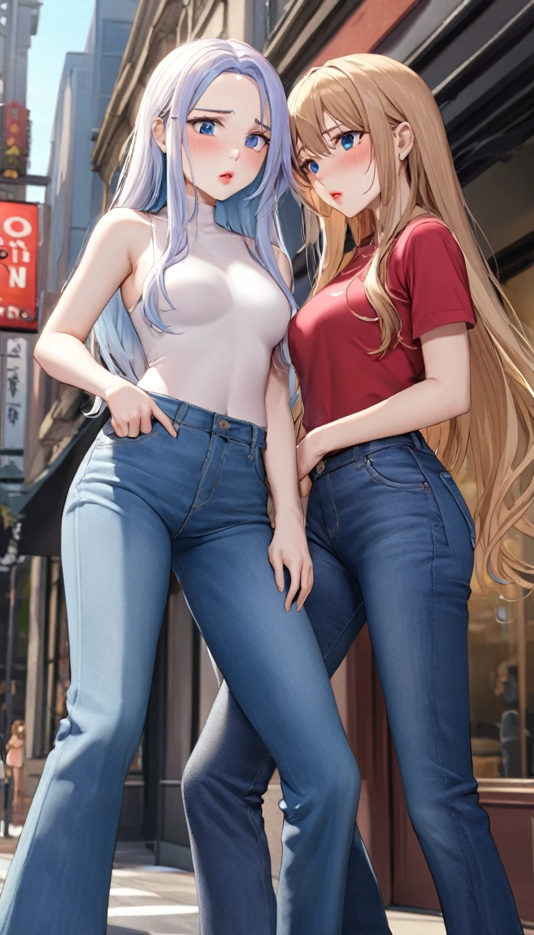 ((Highest quality, masterpiece:1.3, 8k)), (detailed), highly detailed face and skin texture, detailed eyes, Downtown, whole body, Seductive pose, Slender body, Two Girls, Age 25, White skin, Bright lips, Scared, Worried, Embarrassing, Panic, Long Hair, (amount:1.0), Jeans pants, Flared jeans, Blue Jeans,