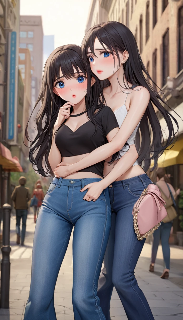 ((Highest quality, masterpiece:1.3, 8k)), (detailed), highly detailed face and skin texture, detailed eyes, Downtown, whole body, Seductive pose, Slender body, Two Girls, Age 25, White skin, Bright lips, Scared, Worried, Embarrassing, Panic, Long Hair, (amount:1.0), Jeans pants, Flared jeans, Blue Jeans,