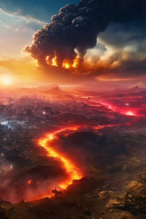 Generate an image of an Attack on Titan apocalypse scene with colossal figures causing destruction (rumbling), set against a red sky.