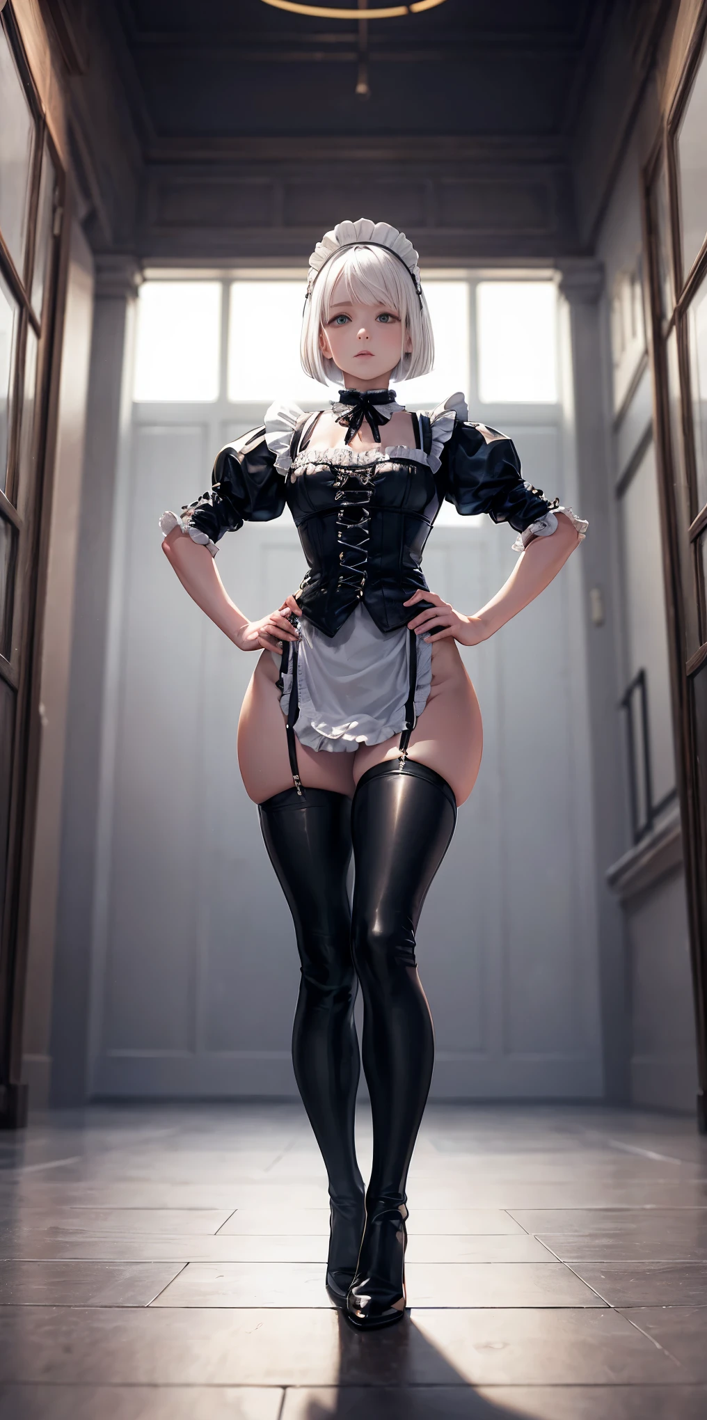 White hair, short bob hair, pinched eyes, thin legs, thin body, leather collar, maid outfit victorian, full body standing symmetrical, hands on hips, wide hips, view from below