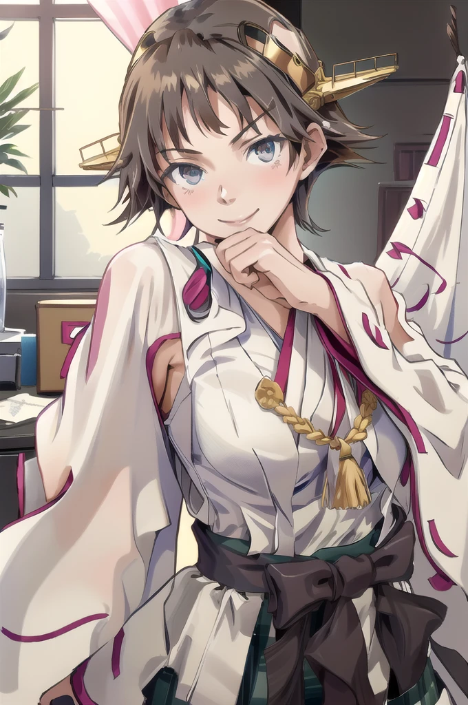 Highest quality, masterpiece, High resolution, alone, (Hiei Kai-2_Fleet Collection:1.15), オレンジ色hair, hairband, headgear, Non-traditional_Shrine maiden, smile, green_eye, Inverted up_hair, smile, One Girl, dependent_sleeve, green_skirt, Plaid, Plaid_skirt, ribbon-trimmed_sleeve, ribbon_trim, skirt, (indoor, office, living room), 