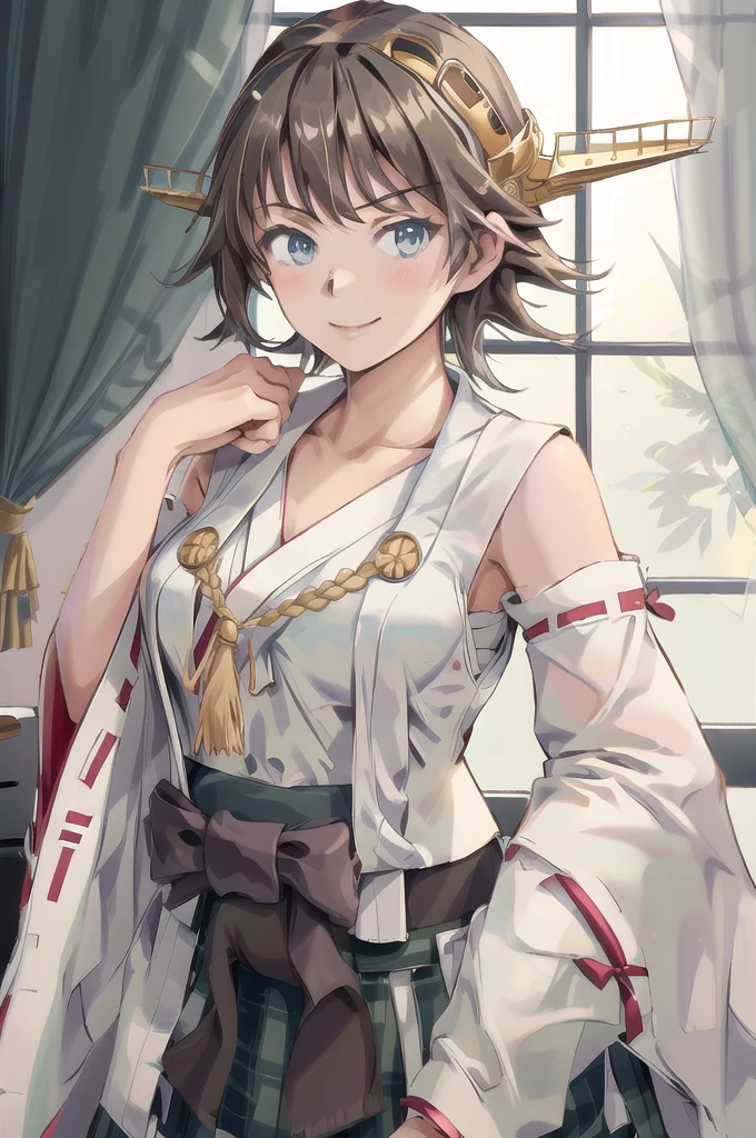 Highest quality, masterpiece, High resolution, alone, (Hiei Kai-2_Fleet Collection:1.15), オレンジ色hair, hairband, headgear, Non-traditional_Shrine maiden, smile, green_eye, Inverted up_hair, smile, One Girl, dependent_sleeve, green_skirt, Plaid, Plaid_skirt, ribbon-trimmed_sleeve, ribbon_trim, skirt, (indoor, office, living room), 