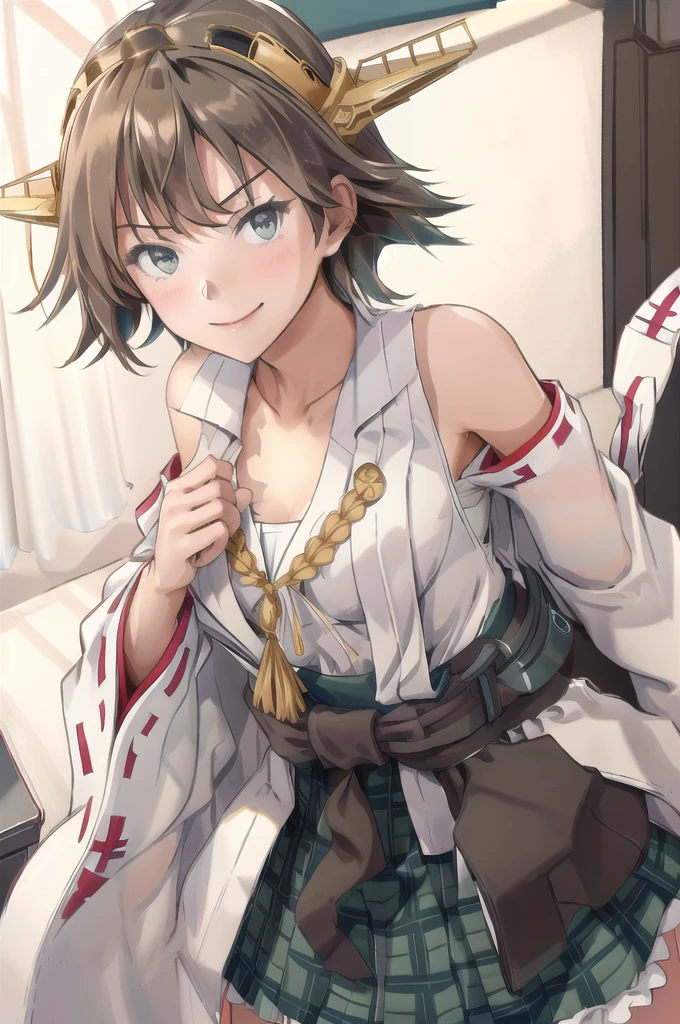 Highest quality, masterpiece, High resolution, alone, (Hiei Kai-2_Fleet Collection:1.15), オレンジ色hair, hairband, headgear, Non-traditional_Shrine maiden, smile, green_eye, Inverted up_hair, smile, One Girl, dependent_sleeve, green_skirt, Plaid, Plaid_skirt, ribbon-trimmed_sleeve, ribbon_trim, skirt, (indoor, office, living room), 