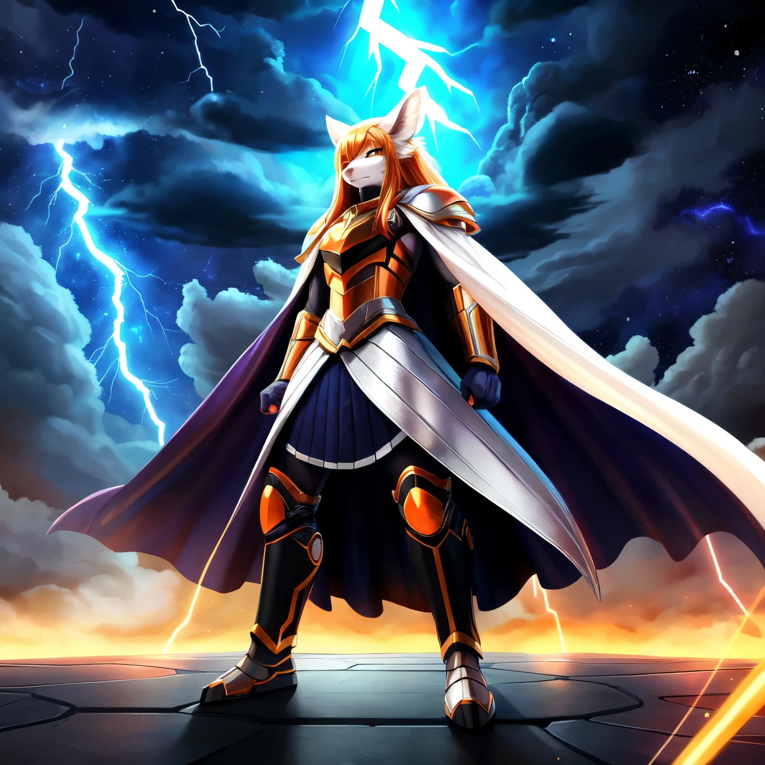 ((best quality)), ((masterpiece)), (detailed), 1 boy, kemono, lightning aura, anthro, furry, black and white fur, orange long hair, full body, very long skirt, cape, epic, orange long hair, skirt, very long dress, insanely detailed dress, white armor, modern futuristic armor, giant beast in background, galactic aura, epic stance, galactic dragon in the background, in fighting position, glowing lightning fists, lightning effects, lightning comming from fists,