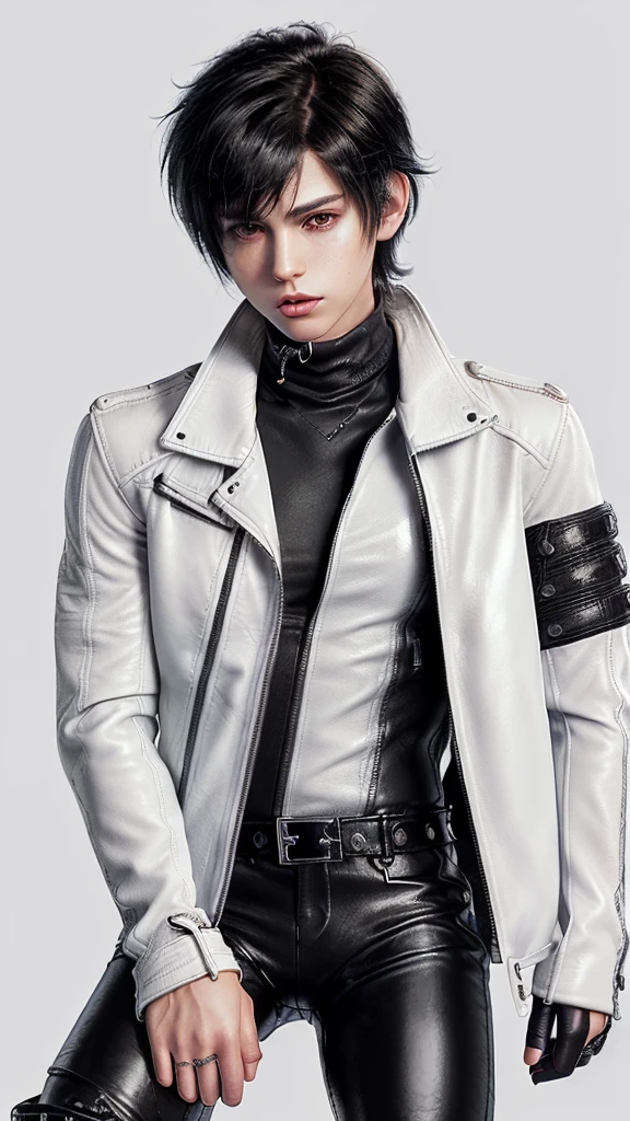Final fantasy taste and reality graphics, ((Japanese young cute and cool ikemen boy)), his age is early 20s, thin eyebrows and beady eyes, ((he wearing off white color leather thick and heavy material jacket)), ((jacket is singlebrest)), ((biker style jacket)), ((jacket is large size)),((with epaulet)), ((jacket is long sleeve)), ((zipped front of the leather jacket)), , ((voluminous leather jacket)), ,((must jacket is high length and stand-up collar)) ((jacket collar with two belts)), ((jacket is a little black color line pattern)), ((also wearing black thick material turtleneck lackluster shirts)), ((tight black leather pants)), ((put black leather tight and thin glove on both hands)), ((black leather knee-high raceup boots)),((must views head-to-toe)),((must views whole body)), ,((Do not show skin from the neck down)),leather jacket leather glove and leather pants have few wrinkles, Avoid showing your innerwear,zip up jacket fastner.must put on a leather glove.
Boy is black hair.boy looks like fashion model.