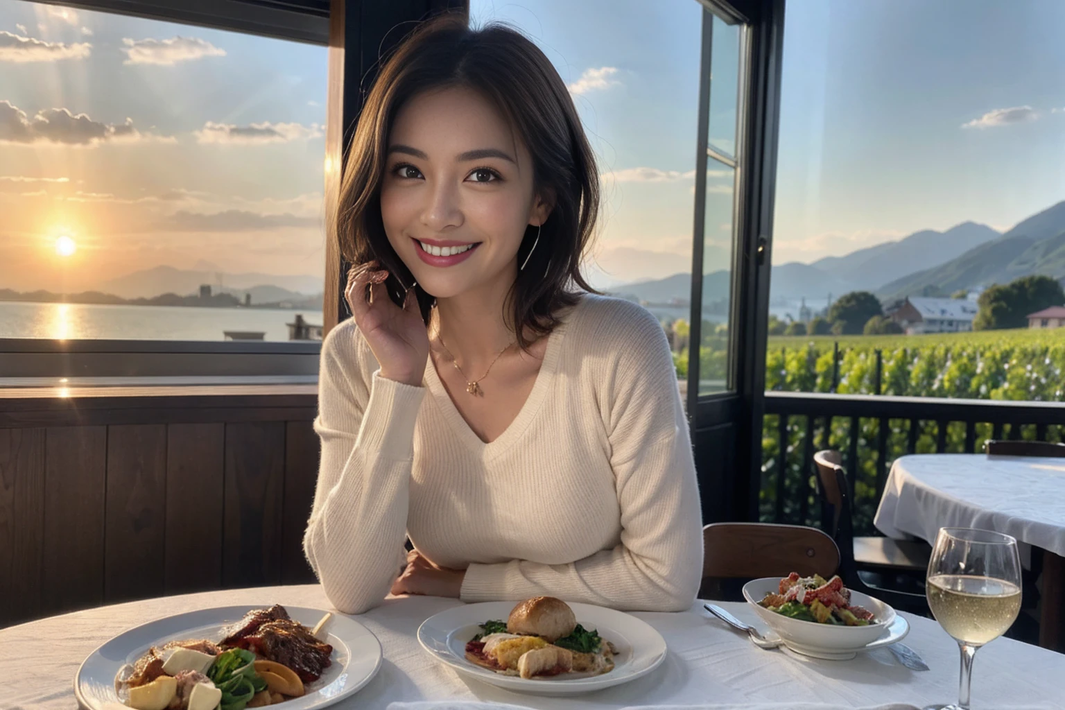(Realistic:1.1),(masterpiece,Highest quality),8k,(44 years old), 47 years old, slimカップル、Model Couple、actress/actor、Tight waist,Upper Body,full-course dinner、wine 、Amazing view of the sunset sky and clouds、Perfect Anatomy, Brown Hair, short hair,Random Hairstyles,((Highly detailed face and eyes:1.2))(cute顔:1.4),美しいactressの顔,Perfect golden ratio face,Long sleeve shirt、dress,(smile:1.2)、Shortcuts、cute、(Realistic, Intricate details:1.2), A bright smile、short hair,Bright Face、赤wine 、Appetizers、Italian food、wine bottle、Champagne、スパークリングwine、(slimな顔), (The body is slim), (Brown Hair), (Shortcuts), Upper Body, 白wine, slim, wineグラス,