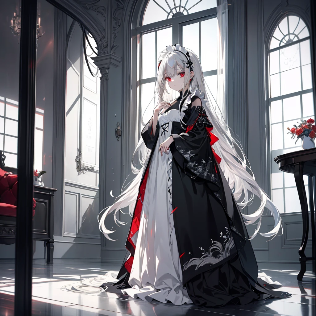 8k,High resolution RAW color art,Anime Art, (((Very detailed and cool))), Detailed skin, Blurry、texture,(Exquisitely crafted, Finer details, Ultra-detailed art), (((1 girl))), Written boundary depth, Silky to the touch, Hyper Detail, (((Cool face))), eye shadow、Silver Marble Skin, Beautiful and detailed red eyes, Beautiful lip detail, Very delicate face, Delicate depiction of hair and eyes, Delicate fashion, Full body description、Long silver hair、Red Eyes、Simple maid clothes、Inside the house、A subtle piece、Standing posture、Classical Long(Black and white)、floor
