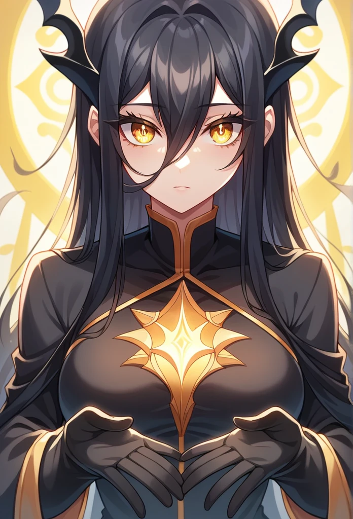 masterpeace, best quality, highres, 1girl, (yellow eye:1.5), black hair, hair between eyes, long hair, break asymmetrical clothes, face focus, magic background, black blazer, break (masterpiece:1.2), best quality, high resolution, unity 8k wallpaper, (illustration:0.8), (beautiful and delicate eye:1.6), very detailed face, perfect lighting, Highly detailed CG, (perfect hands, complete anatomy), (sexy:1.2), (cute_chest), alone, shiny hair, shiny eye, shiny skin, eyelashes, long eyelashes, black glove, nimbus,