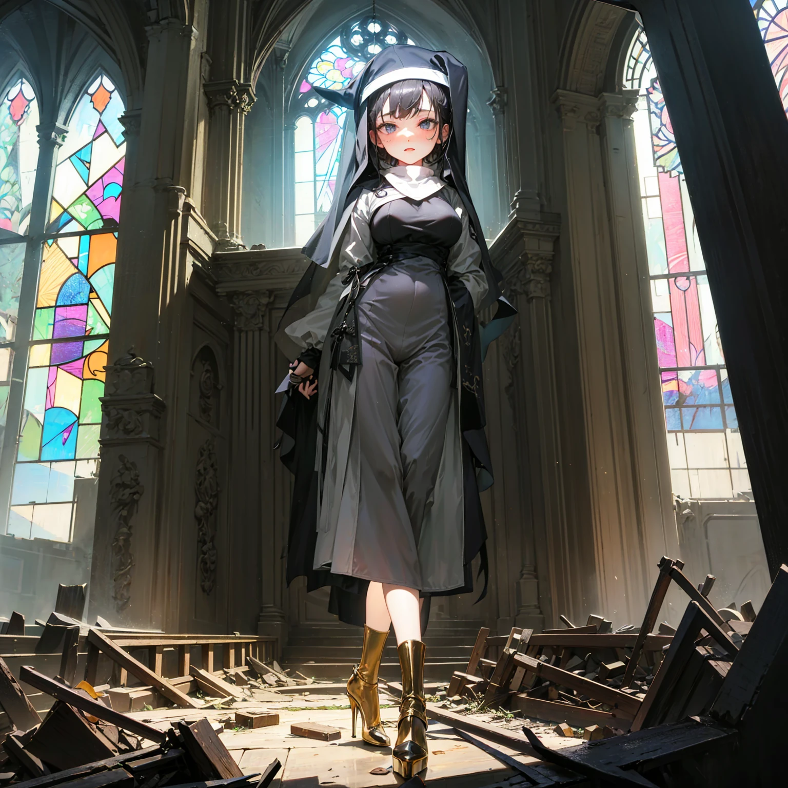 (solo), 1 skinny nun, (black sheer nun's robe), large breasts, stiletto heels, BREAK, black short hair, long sidelocks, black eyes, BREAK, short torso, skinny waist, skinny long legs, BREAK, old rotten church, devastated ruin, stained glass, BREAK, orgasm, coverd erectile nipples