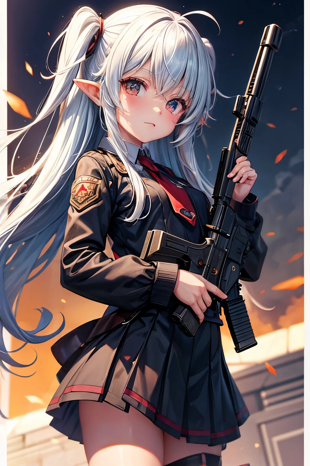 Loli, pointed ears, shooter, submachine gun