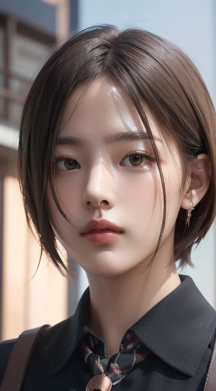 Realistic, Tabletop, Highest quality, RAW Photos, One Girl, alone, Handsome Short Hair, Copper-colored hair、Detailed face, Attractive face, Black collared shirt, Medium chest, Dynamic pose, View your viewers, From below, Detailed Background, Fine details, Intricate details, Ray Tracing, Depth of written boundary, Low Key, Hmph