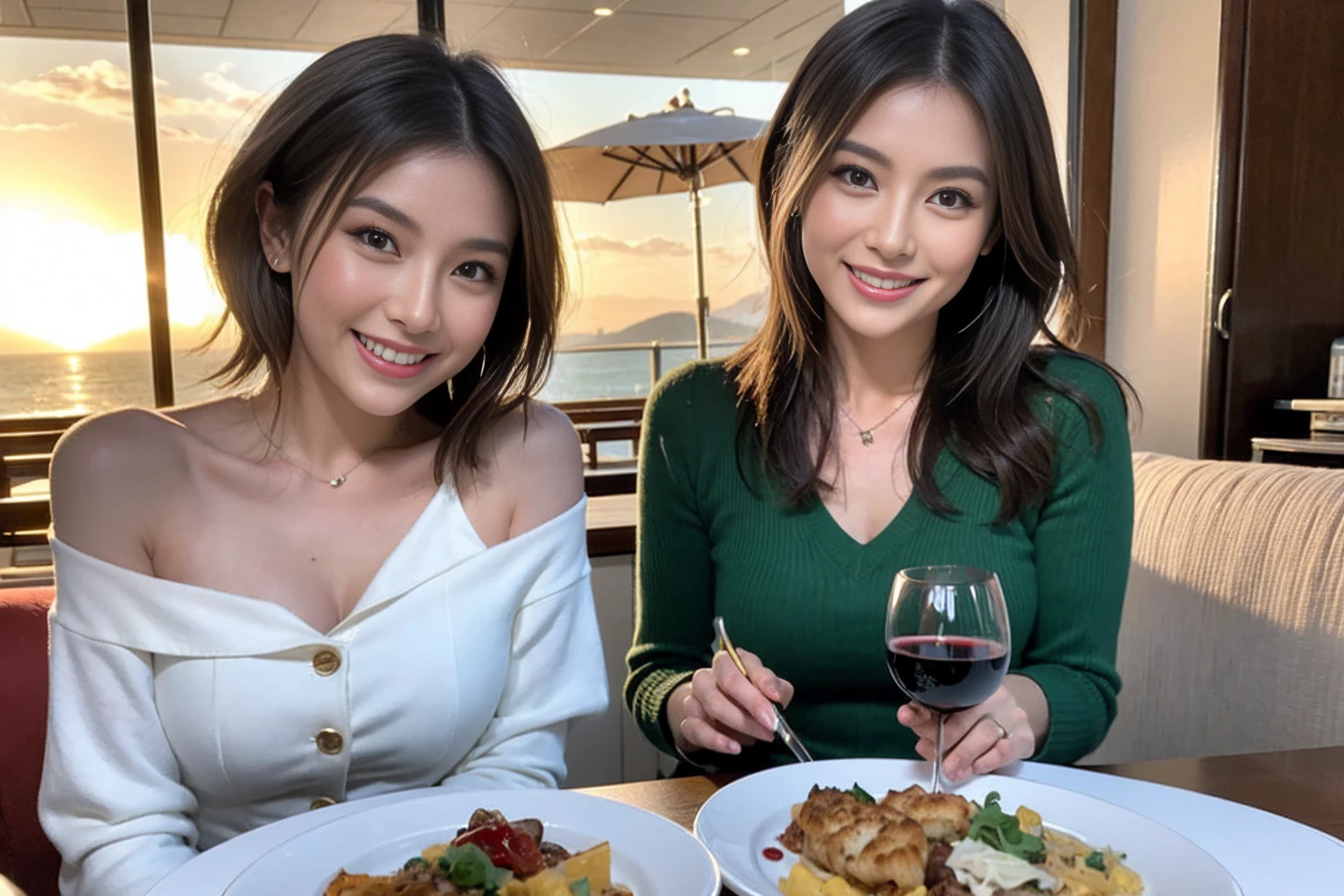 (Realistic:1.1),(masterpiece,Highest quality),8k,(44 years old), 47 years old, slimカップル、Model Couple、actress/actor、Tight waist,Upper Body,full-course dinner、wine 、Amazing view of the sunset sky and clouds、Perfect Anatomy, Brown Hair, short hair,Random Hairstyles,((Highly detailed face and eyes:1.2))(cute顔:1.4),美しいactressの顔,Perfect golden ratio face,Long sleeve shirt、dress,(smile:1.2)、Shortcuts、cute、(Realistic, Intricate details:1.2), A bright smile、short hair,Bright Face、赤wine 、Appetizers、Italian food、wine bottle、Champagne、スパークリングwine、(slimな顔), (The body is slim), (Brown Hair), (Shortcuts), Upper Body, 白wine, slim, wineグラス,