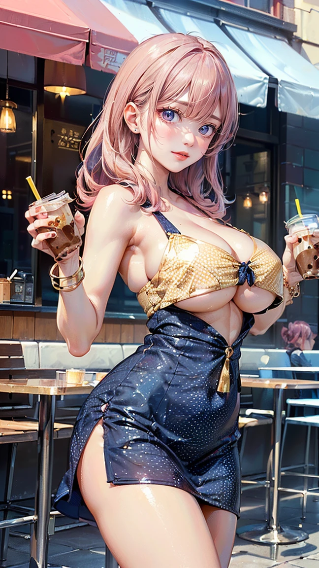 ((Highest quality, 8k, masterpiece :1.3)), (Sharp focus :1.2, Beautiful woman with perfect figure :1.4, Slim Abs :1.2), ((Big Breasts, Emphasize cleavage, The underboob is visible:1.3)), (Photorealistic:1.4), (realistic:1.4), (Pink Hair:1.5), Highly detailed face and skin texture, Fine grain, double eyelid. Makeup face, A little bit of lipstick, sex appeal, Sexy gravure pose, ((Sexy girly beauty wearing a navy blue polka dot dress。While holding iced coffee on the cafe terrace、椅子に片足を掛けたSexy gravure pose。A shiny gold bracelet。:1.3)