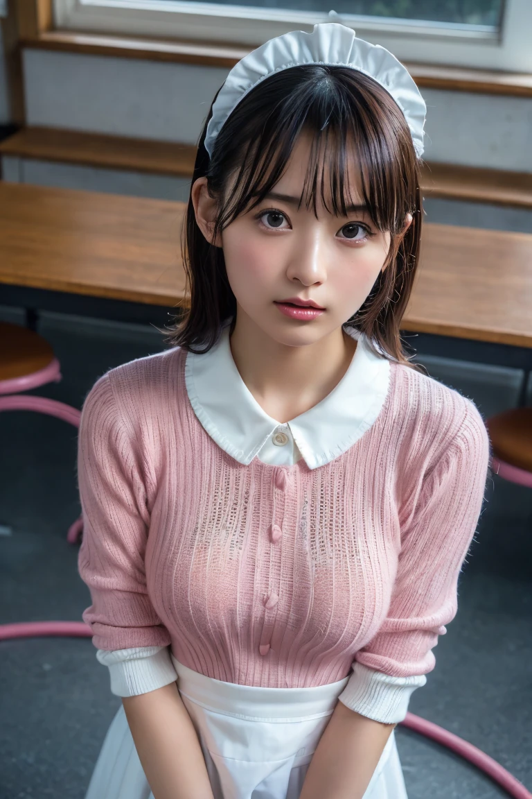 (8k, RAW Photos,Highest quality, High resolution:1.1), (Ultra-realistic:1.4),(Realistic, Realistic:1.3),The Beauty of Japan、Rhythmic gymnastics club、Rhythmic Gymnastics Uniform、((Upper Body:1.3)),Maid喫茶、((Maid:1.3)),(Pink knitted sweater:1.3),look up、Shooting from above、Big Breasts
