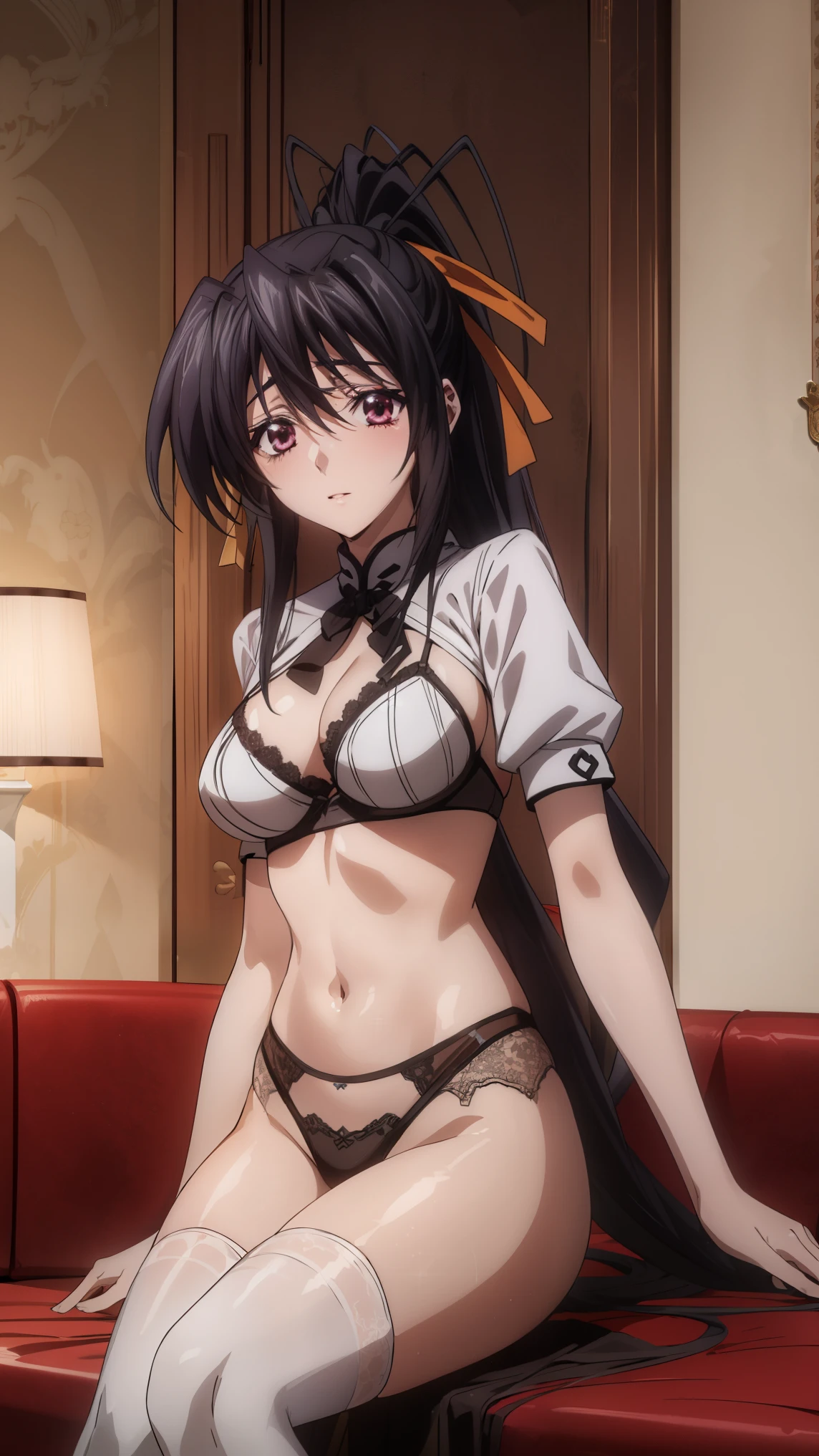 there is a woman sitting on a couch wearing stockings and stockings, a pastel inspired by Huang Ji, tumblr, shin hanga, gorgeous maid, sexy girl, gorgeous chinese model, wearing sexy lingerie, full length and white stockings, elegant seducing pose, sexy look, captivating and enticing, maid, 2 , 21 years old, 2 3 years oldejima,eft_dxd_akeno,16 HD, poni tail,