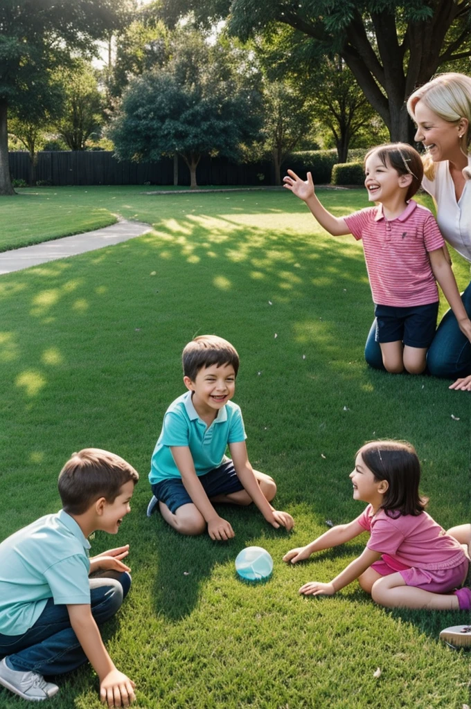 A granny surrounded by happy kids in a lawn