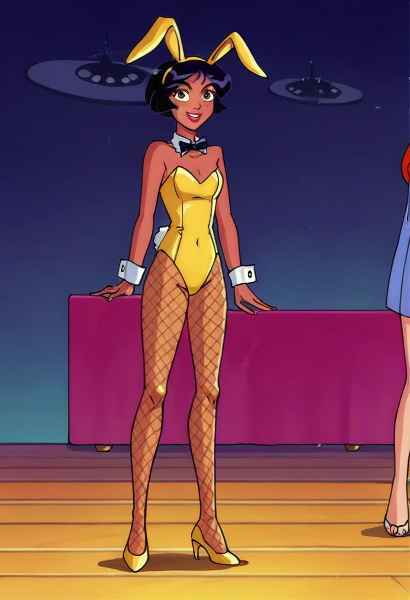 score_9, score_8_up, score_7_up,
1girl, alex ts, solo, black hair, short hair, brown eyes, dark-skinned female, in night club, bunny girl costume, bunny ears headband, Mesh tights, yellow high heels, seductive, standing, front view, looking on viewer,