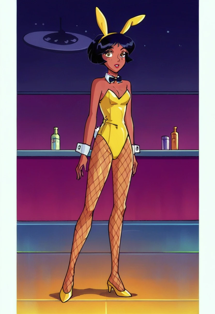 score_9, score_8_up, score_7_up,
1girl, alex ts, solo, black hair, short hair, brown eyes, dark-skinned female, in night club, bunny girl costume, bunny ears headband, Mesh tights, yellow high heels, seductive, standing, front view, looking on viewer,