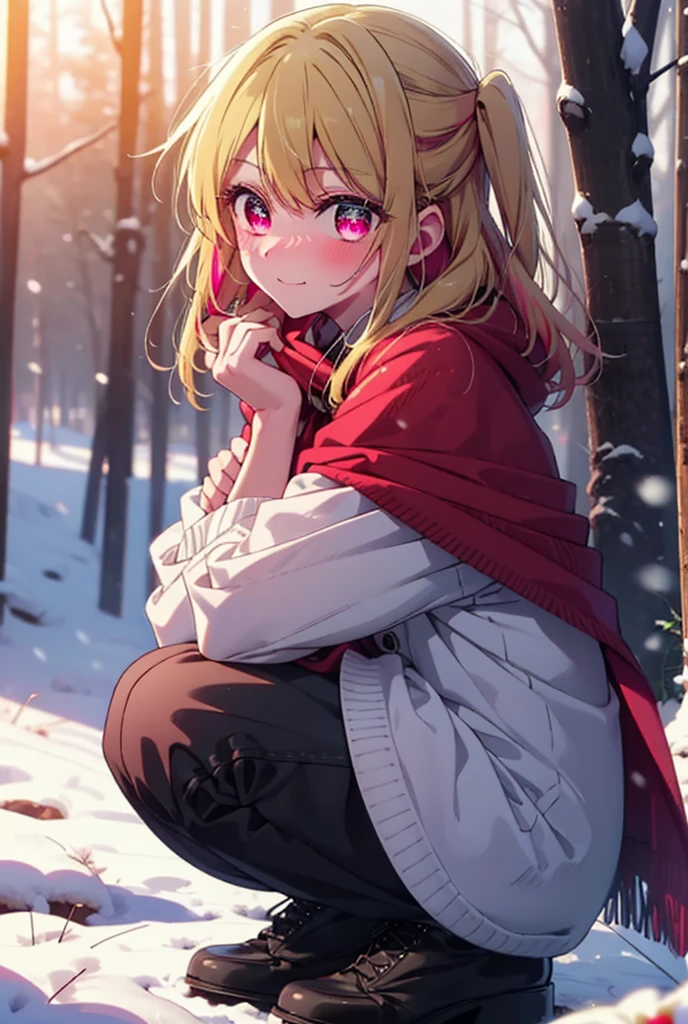 rubyhoshino, Hoshino Ruby, Long Hair, bangs, blonde, (Pink Eyes:1.3), Side Lock, (Symbol-shaped pupil:1.5), Multicolored Hair, Two-tone hair, smile,,smile,blush,white breath,
Open your mouth,snow,Ground bonfire, Outdoor, boots, snowing, From the side, wood, suitcase, Cape, Blurred, , forest, White handbag, nature, Squat, Mouth closed, Cape, winter, Written boundary depth, Black shoes, red Cape break looking at viewer, Upper Body, whole body, break Outdoor, forest, nature, break (masterpiece:1.2), Highest quality, High resolution, unity 8k wallpaper, (shape:0.8), (Beautiful and beautiful eyes:1.6), Highly detailed face, Perfect lighting, Extremely detailed CG, (Perfect hands, Perfect Anatomy),