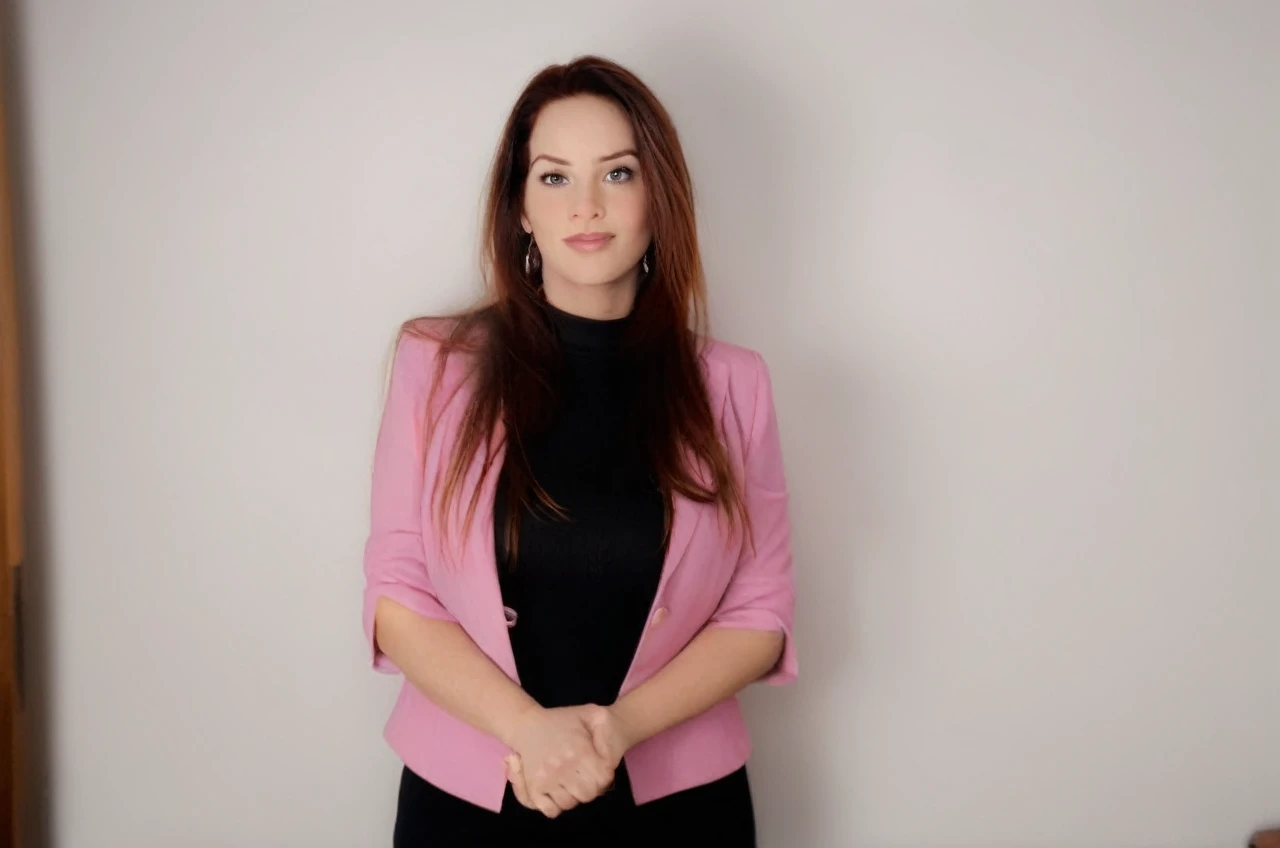 Disney Pixar style: 1.2) (adorable and cute girl: 1.15) (adult age 36: 1.15) redhead, straight hair, very thin blazer, huge breasts, cleavage, white shirt, in an office, (hands perfect: 1.1) (far extreme shot, full body, zoom out: 1.1) laptop