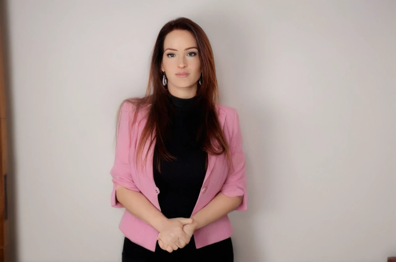 Disney Pixar style: 1.2) (adorable and cute girl: 1.15) (adult age 36: 1.15) redhead, straight hair, very thin blazer, huge breasts, cleavage, white shirt, in an office, (hands perfect: 1.1) (far extreme shot, full body, zoom out: 1.1) laptop