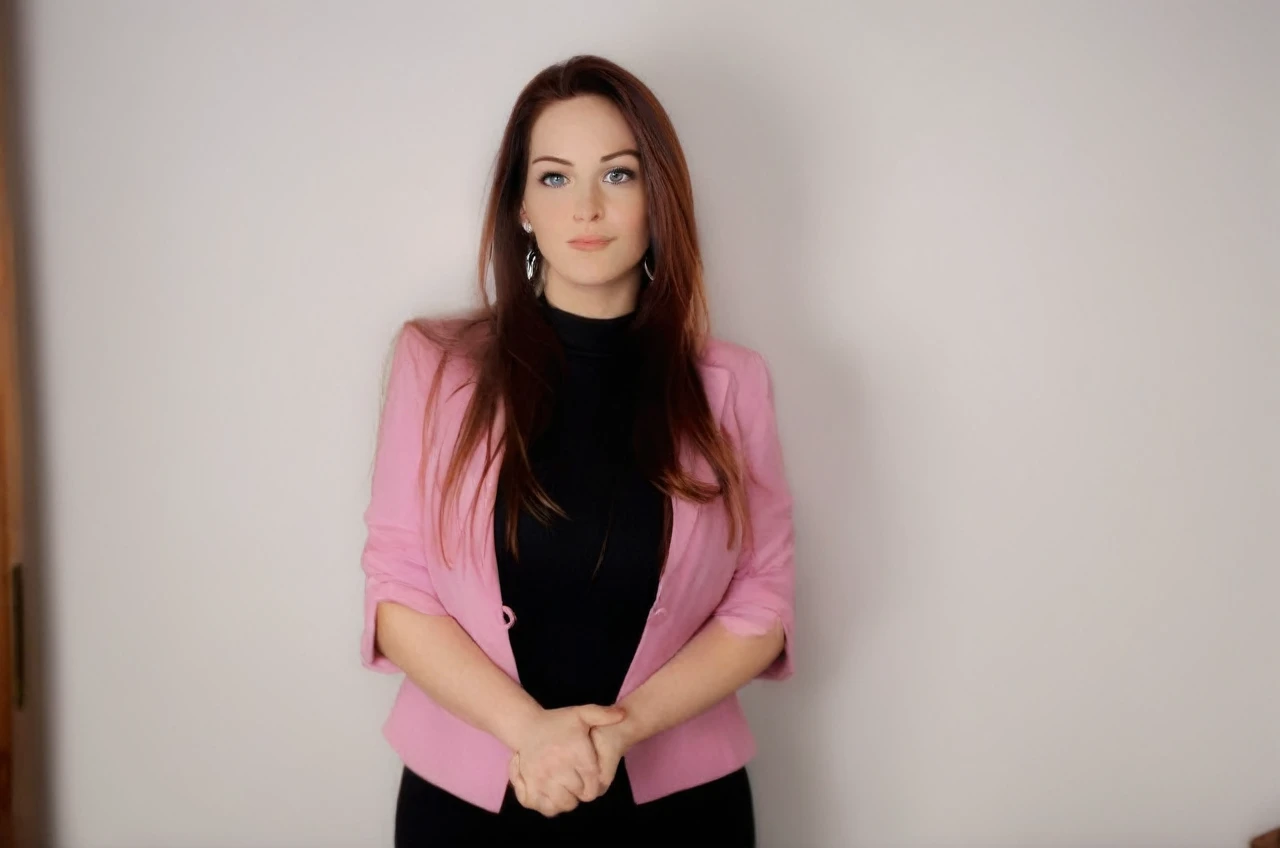 Disney Pixar style: 1.2) (adorable and cute girl: 1.15) (adult age 36: 1.15) redhead, straight hair, very thin blazer, huge breasts, cleavage, white shirt, in an office, (hands perfect: 1.1) (far extreme shot, full body, zoom out: 1.1) laptop