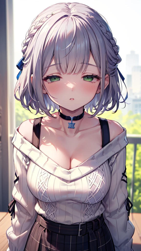 (best quality:1.2), (ultra detailed:1.2),(masterpiece:1.2),(8k:1.2),(ccnoel, short hair, french braid, hair ribbon, green eyes, black choker, collarbone, cleavage, off-shoulder sweater, white sweater, plaid skirt),(Blessed,Captivating body、Ultra-detailed skin、Very beautiful eyes、ultra-detailed face,Detailed Background),One Girl、(closed eyes,shy)