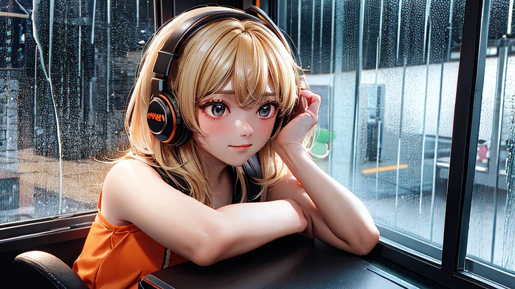 top camera focus, 1 girl with medium blonde hair wearing headphones, short loose orange and black dress, sitting in a gaming chair facing the window, watching the rain.
