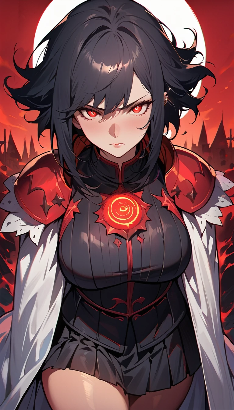 (high quality, 8k, 4K, high contrast, artwork:1.2, high quality, best aesthetics), (centered), ((1 woman)), erotic, sensual, mature body, super detailed, beautiful face detailed, beautiful eyes detailed, detailed beautiful mouth, perfect breats, perfect wide thighs, (black hair), (short black hair), (messy black hair), (red eyes glowing), (serious expression), (black medieval armor), (shoulder pads), (long white cape), (ruffled black skirt), (standing), (looking at the viewer), (piercing gaze), (red sun in the background), (red lighting)