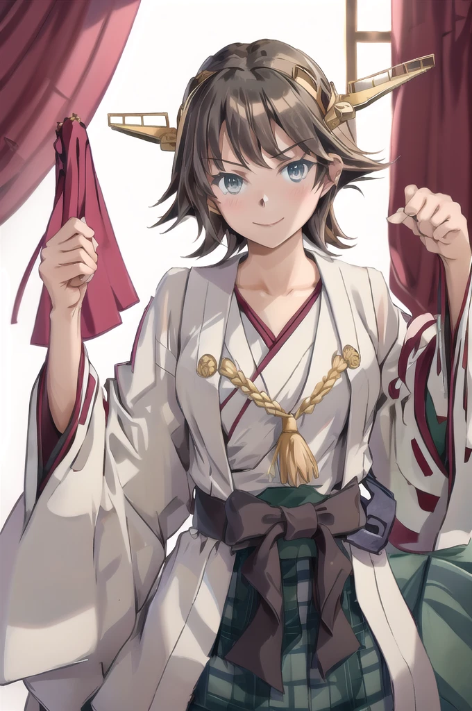 Highest quality, masterpiece, High resolution, alone, (Hiei Kai-2_Fleet Collection:1.15), オレンジ色hair, hairband, headgear, Non-traditional_Shrine maiden, smile, green_eye, Inverted up_hair, smile, One Girl, dependent_sleeve, green_skirt, Plaid, Plaid_skirt, ribbon-trimmed_sleeve, ribbon_trim, skirt, (indoor, office, living room), 