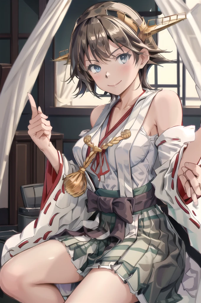 Highest quality, masterpiece, High resolution, alone, (Hiei Kai-2_Fleet Collection:1.15), オレンジ色hair, hairband, headgear, Non-traditional_Shrine maiden, smile, green_eye, Inverted up_hair, smile, One Girl, dependent_sleeve, green_skirt, Plaid, Plaid_skirt, ribbon-trimmed_sleeve, ribbon_trim, skirt, (indoor, office, living room), 