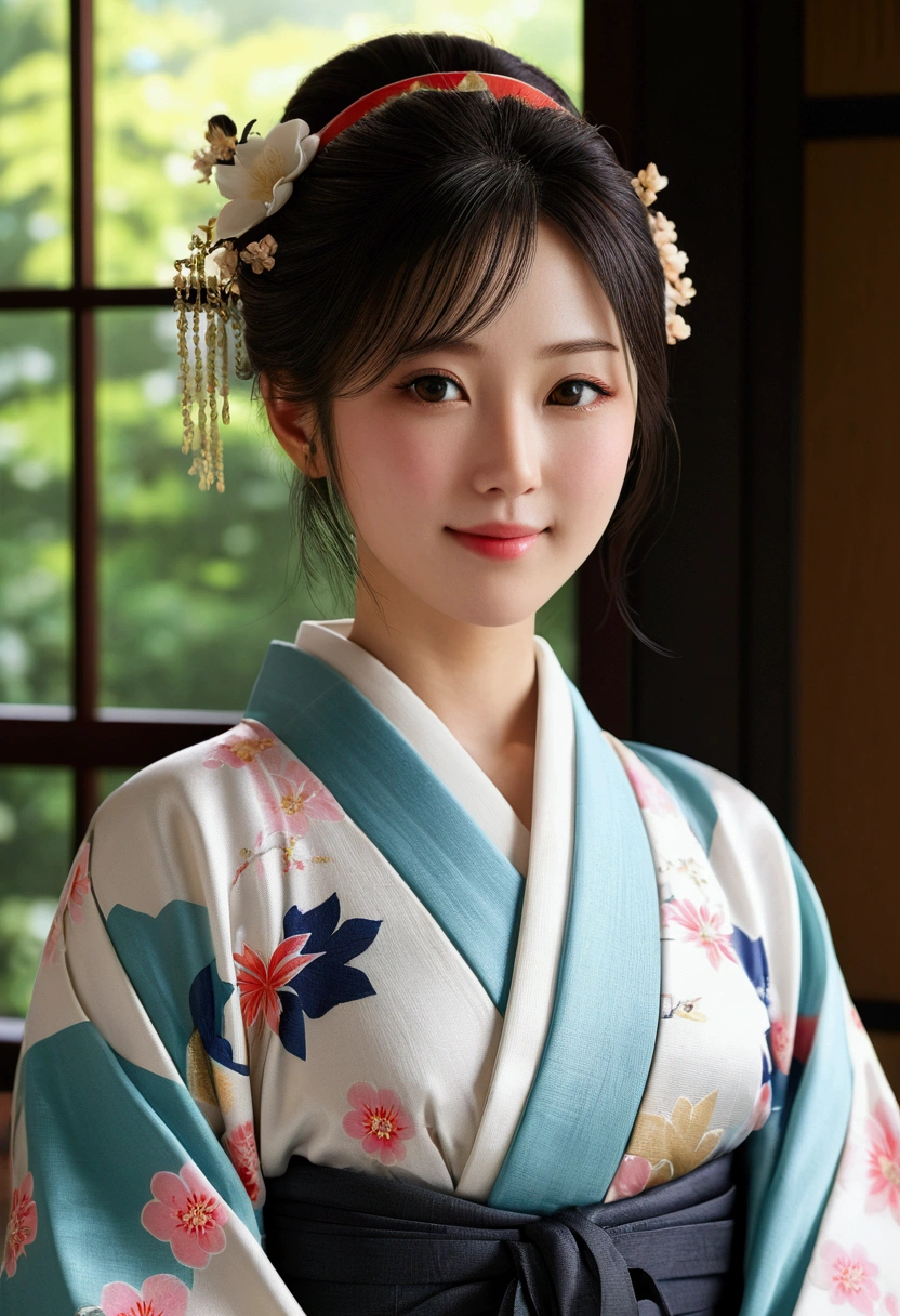 (Photorealistic:1.4), (Top image quality:1.0), (超High resolution:1.0), 8k, Raw photography, (masterpiece:0.2), (Pure Eros Face_v1:0.5)、(最高quality Detail:1.2)、Realisticな、8k ウルトラHD、High resolution、(One Girl:1.2)、超detailedな、High quality textures、Intricate details、detailed、非常にdetailedなCG、High quality shadows、detailed 美しく繊細な顔、detailed 美しく繊細な目、Depth of written boundary、Ray Tracing,One Girl, Japanese girl, cute, thin, Black kimono, Japanese patterned kimono,Floral scrunchie, Beautiful Skin, Look forward,please sit down, Sit up straight「thank you」says,Put your hands together gracefully,The land of Japan smiling faintly,Japanese garden,Luxurious Japanese-style room, Sky Porn, Magic Hour, (Realistic:1.3), 細かくdetailedに, quality, (Tabletop:1.2), (Realistic:1.2), (最高quality), (複雑なdetailed), dramatic, Ray Tracing, photograph, +roller